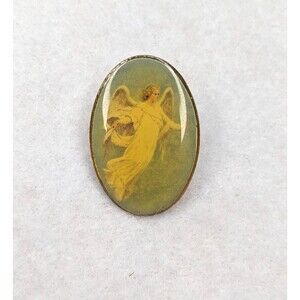 Vintage Guardian Angel Lapel Pin Brooch Oval Religious Pin Protecting Angel